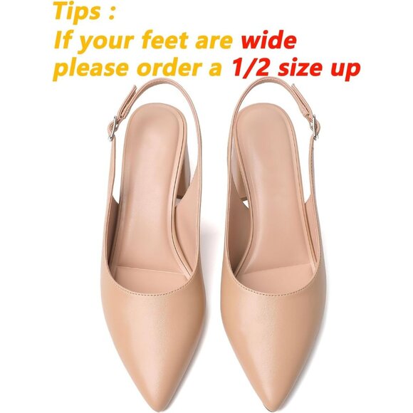 Women's Nude Pointed Closed Toe Slingback Chunky Heels Office Work Pump Shoes - Picture 4 of 9